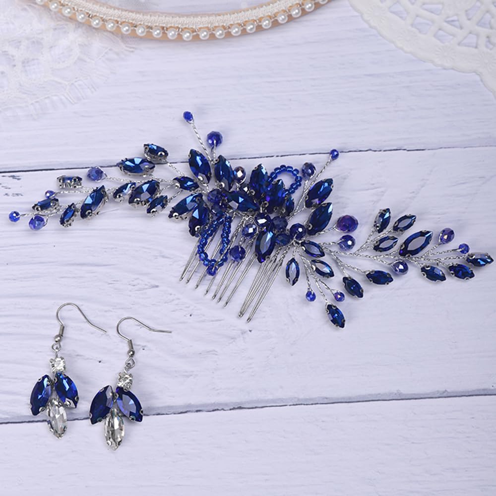 Rumtock Blue Hair Comb with Earrings for Women Girls Wedding Bridal Hair Piece Handmade Bnaquet Prom Jewelry