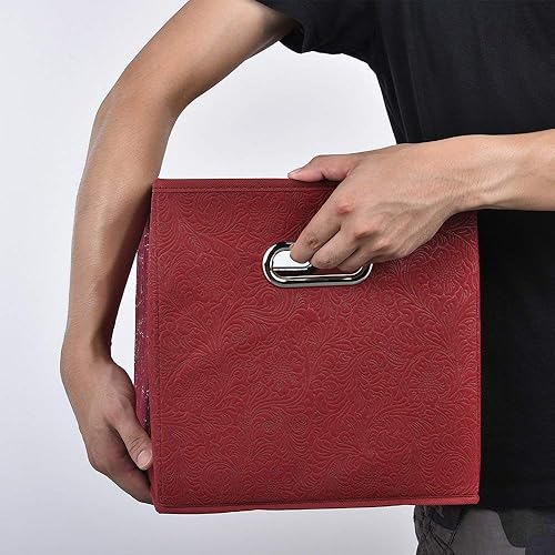 Miniatura 6 de IKEBANA Paquete de 3 cubos de almacenamiento plegables de 11 pulgadas, color rojo clarete en relieve, cajones de tela decorativos para el hogar,