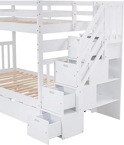 Miniatura 172 de Merax Litera de escalera individual sobre matrimonial con nido, escalera de almacenamiento y barandilla de longitud completa, litera de