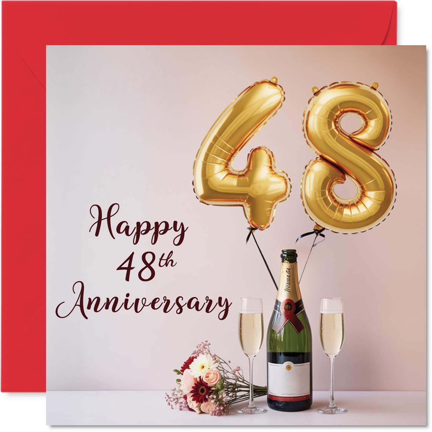 48th Anniversary Card for Women Men - Balloons & Bottle of Bubbly - Happy 48 Year Anniversary Card for Companion Boyfriend Girlfriend Partner, 145mm Wedding Anniversaries Greeting Cards