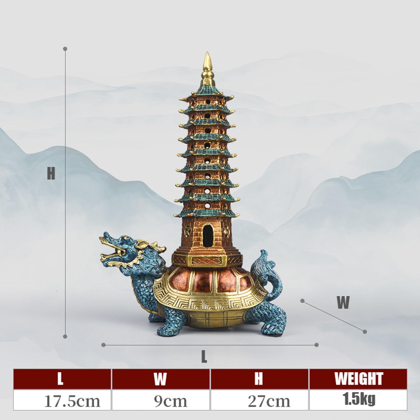 Posąg Fengshui Mosiężny smoczy żółw Wenchang Pagoda 10,62 cala (wys.)