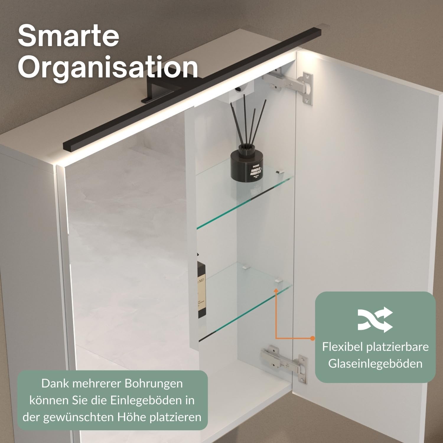 Planetmöbel ARIA Spiegelschrank Bad mit Beleuchtung 80 cm breit | Badschrank hängend mit Spiegel | Weiß Grau, mit Leuchte und Steckdose, Spiegelschrank Gäste WC 80 x 70 x 16 cm