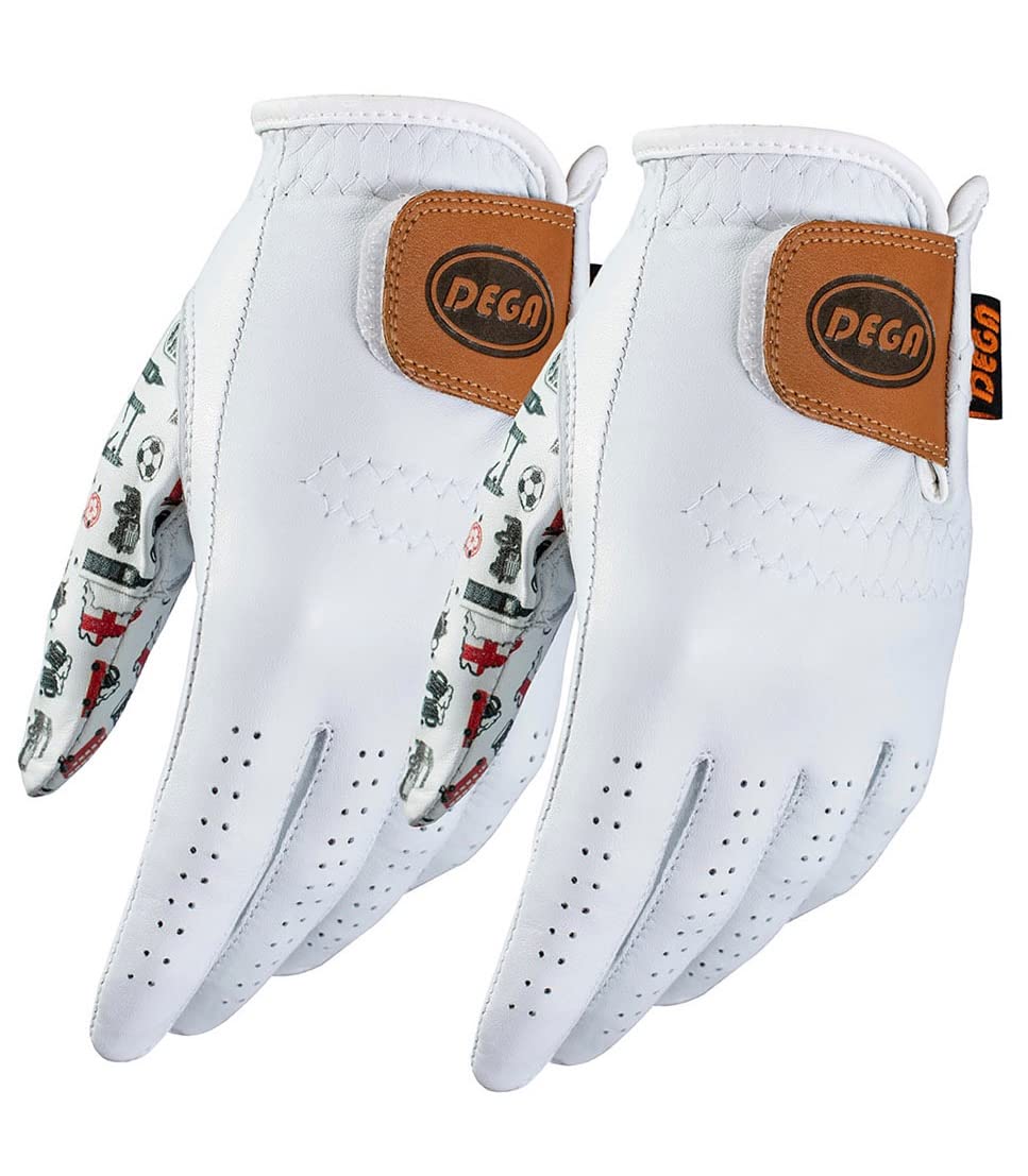 DEGA Golf Gloves 2 Pack 100% Cabretta Leather Golf Glove Men Left Hand Thumb Printed Designs (M, Love England)