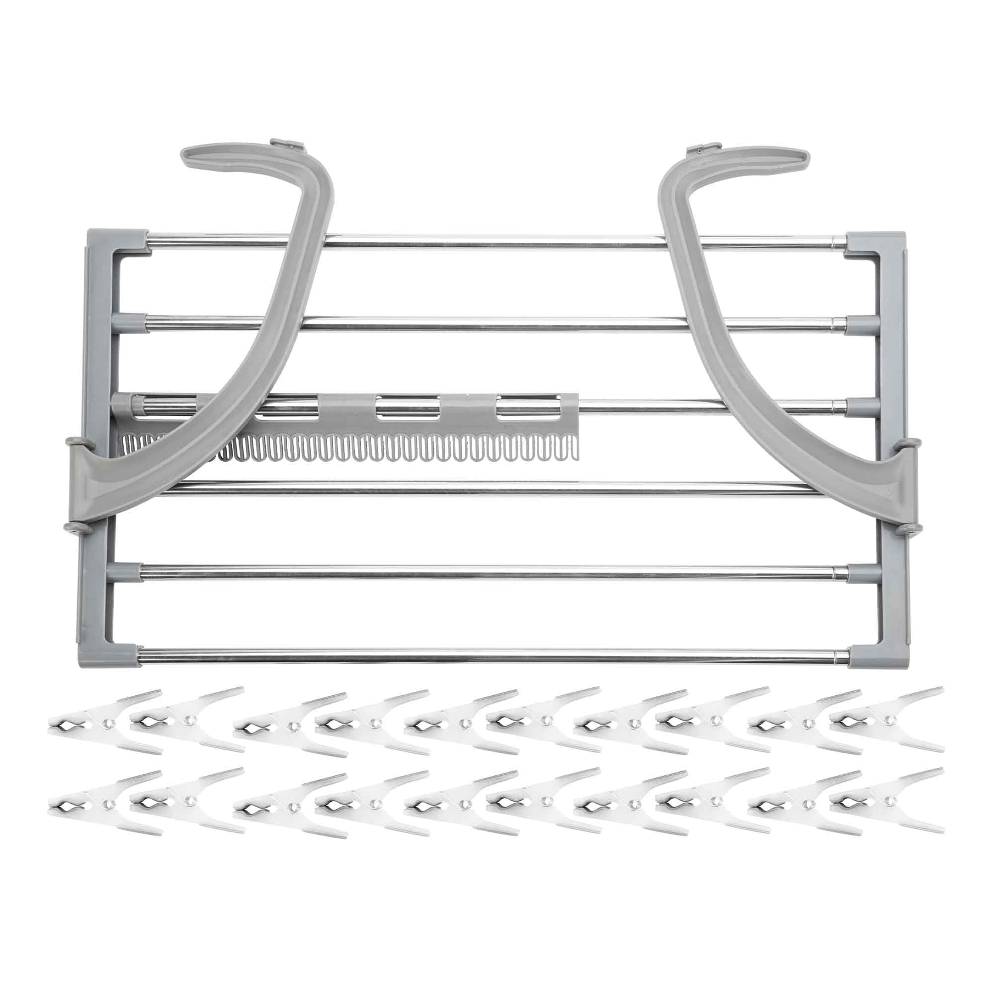 Jata Hogar HTEN2402 Wäscheständer, ausziehbar, faltbar, 6 m Länge, 48 bis 96 cm, für Balkon, Heizkörper, Fenster, Dusche, mit Sockenklammern, inklusive 20 Klammern, Edelstahl