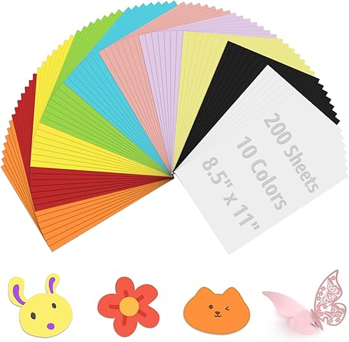 200 hojas de papel de color de 8.3 x 11.7 pulgadas (8.82 ozm) de color A4, papel de construcción, 10 colores surtidos para manualidades, tarjetas,