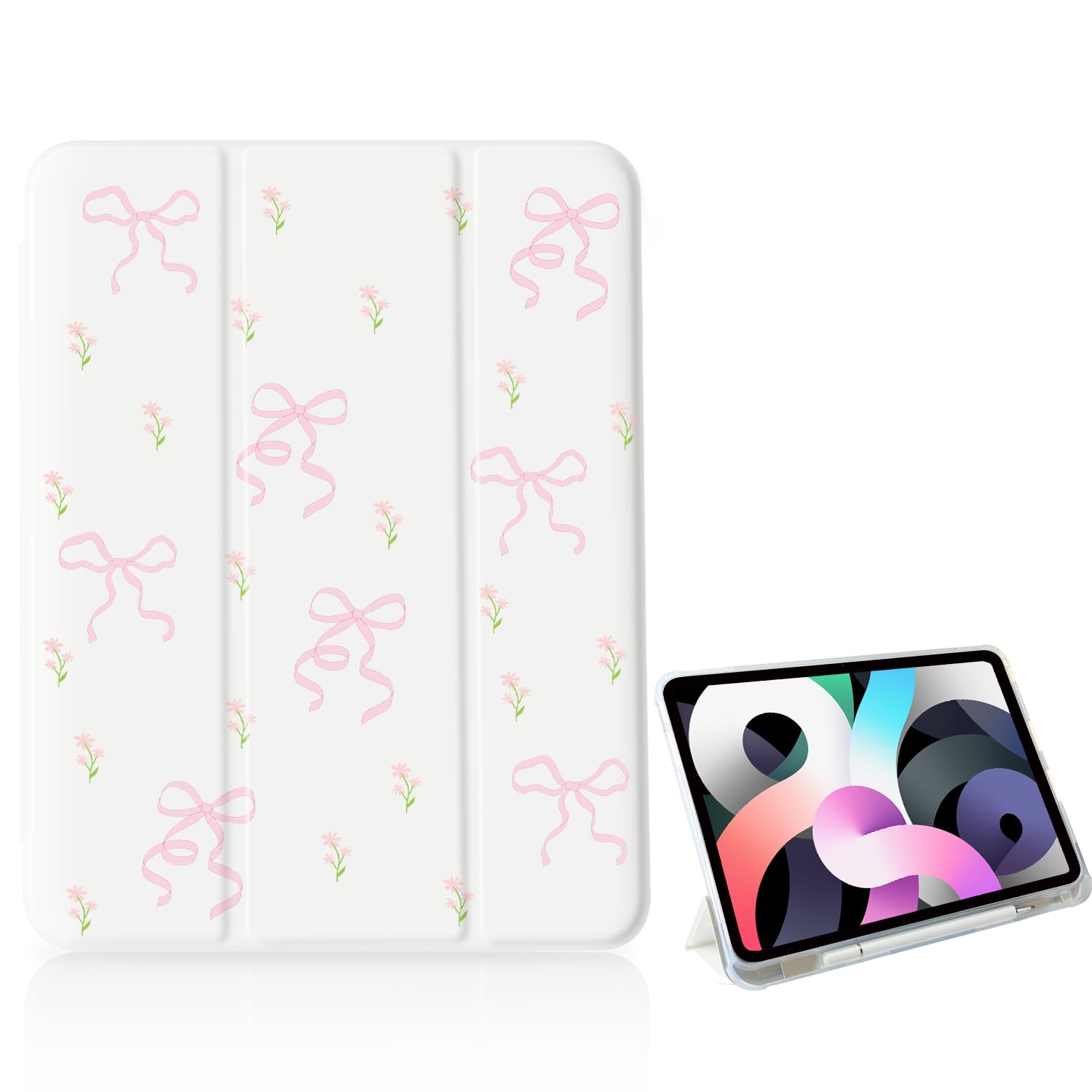 Różowa stokrotka etui z kokardą do iPada Air 33.0 cm M3 2025/M2 2024, [uchwyt na ołówki + automatyczne uśpienia/budzenie], smukłe, potrójnie składane etui ochronne z miękkim tyłem TPU, białe