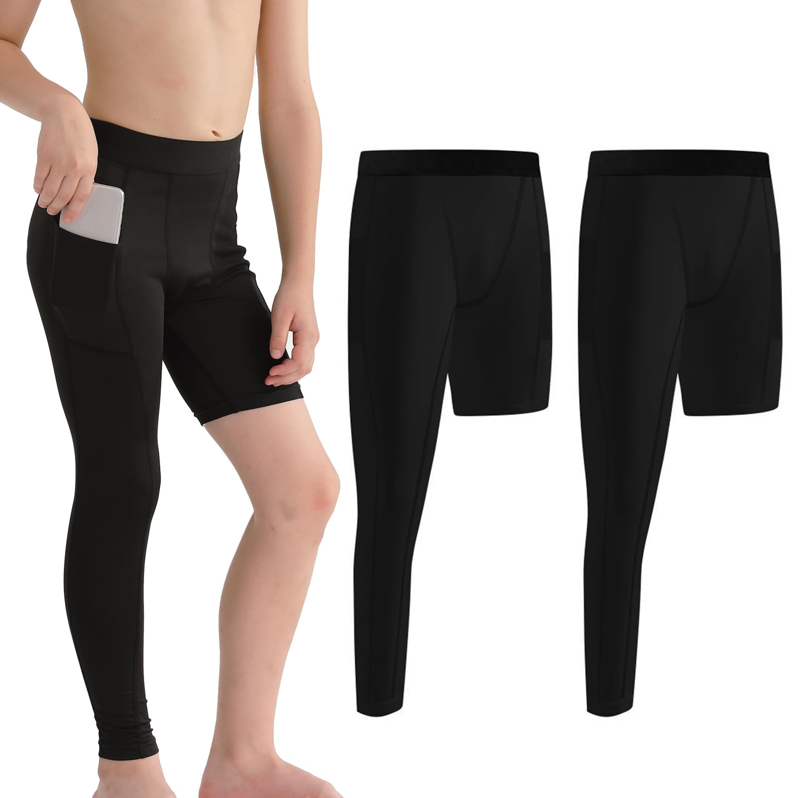 Valcatch 2 Pack Youth Boys One Leg Compression Pants for Basketball 3/4 Leggings with Pockets Sport Tights Base Layer