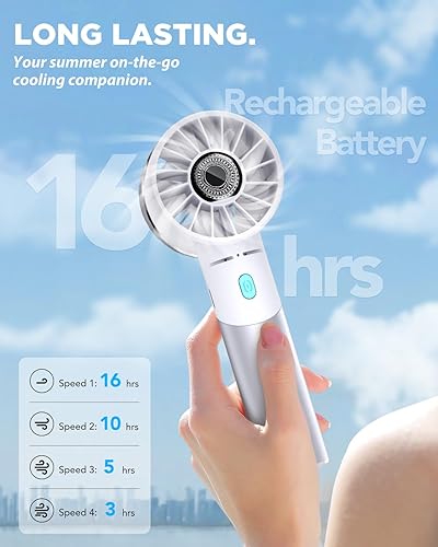 Miniatura 2 de Ventilador de mano, mini ventilador turbo portátil pequeño, recargable con 4 ventiladores personales de alta velocidad, tiempo de funcionamiento