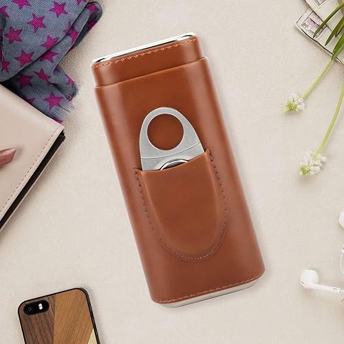 Miniatura 3 de TOPINCN Estuche de puros portátil de cuero para puros, con forro de madera de cedro, humidor de cigarros con cortador, de cuero, madera de cedro,