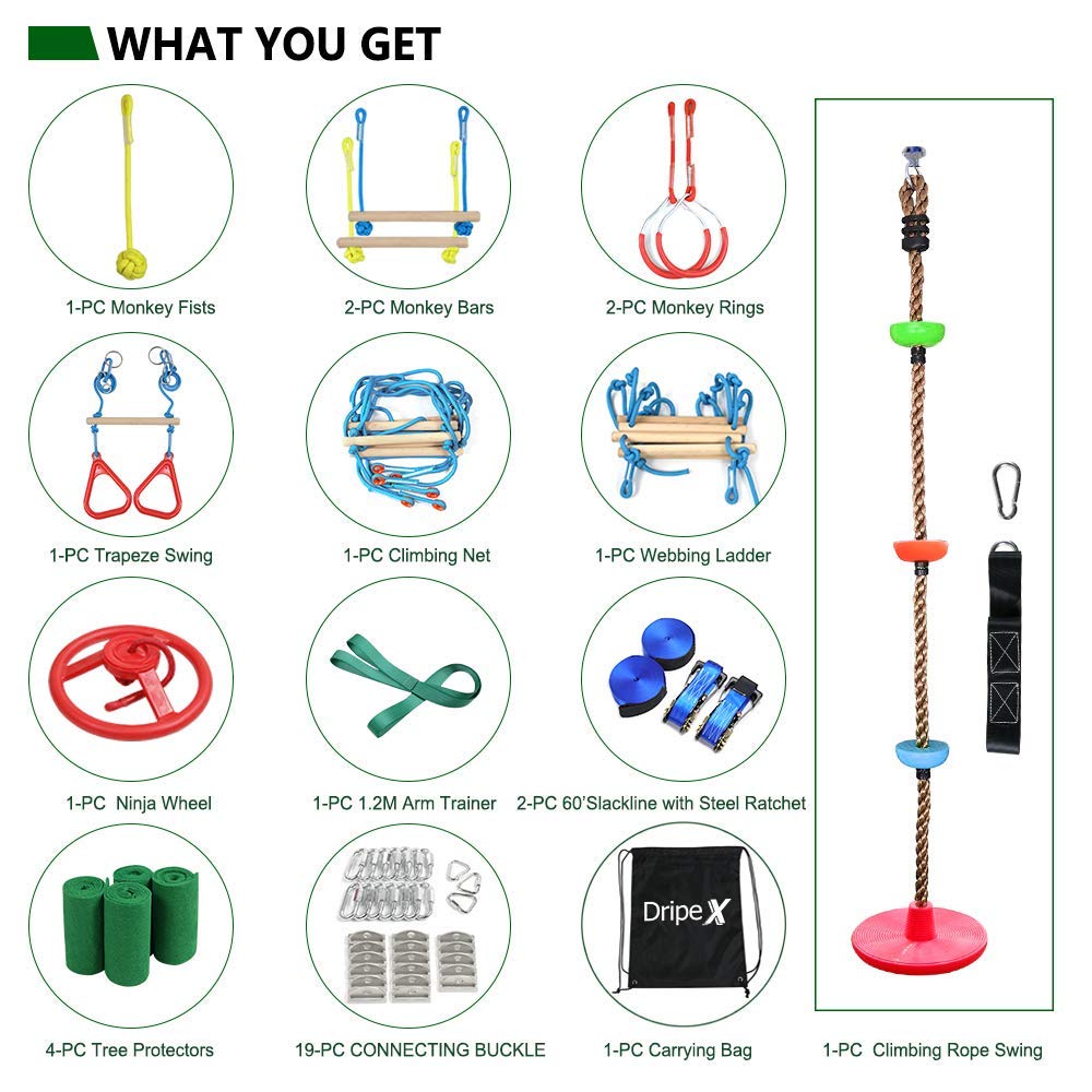 Dripex Ninja Warrior Obstacle Course for Kids 2X60FT Ninja Slackline