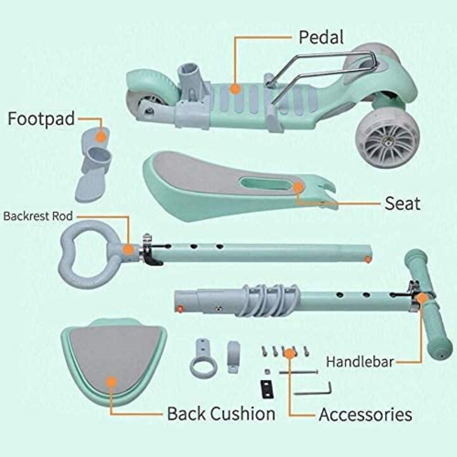 5-in-1 Kinder Roller Scooter Kinderoller Kinderscooter mit PU Räder, Abnehmbarem Sitz, 4 Höhenverstellbare, Bequeme Rückenlehne, Faltbarer Kinderroller für Mädchen Jungen 3-6 Jahre