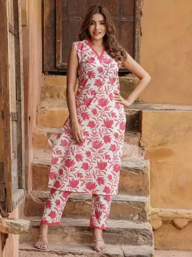 Image of Sidhidata Women's Cotton Blend Floral Printed Kurta Pant Set |Printed Kurti with Pant Set (KP Leaf)