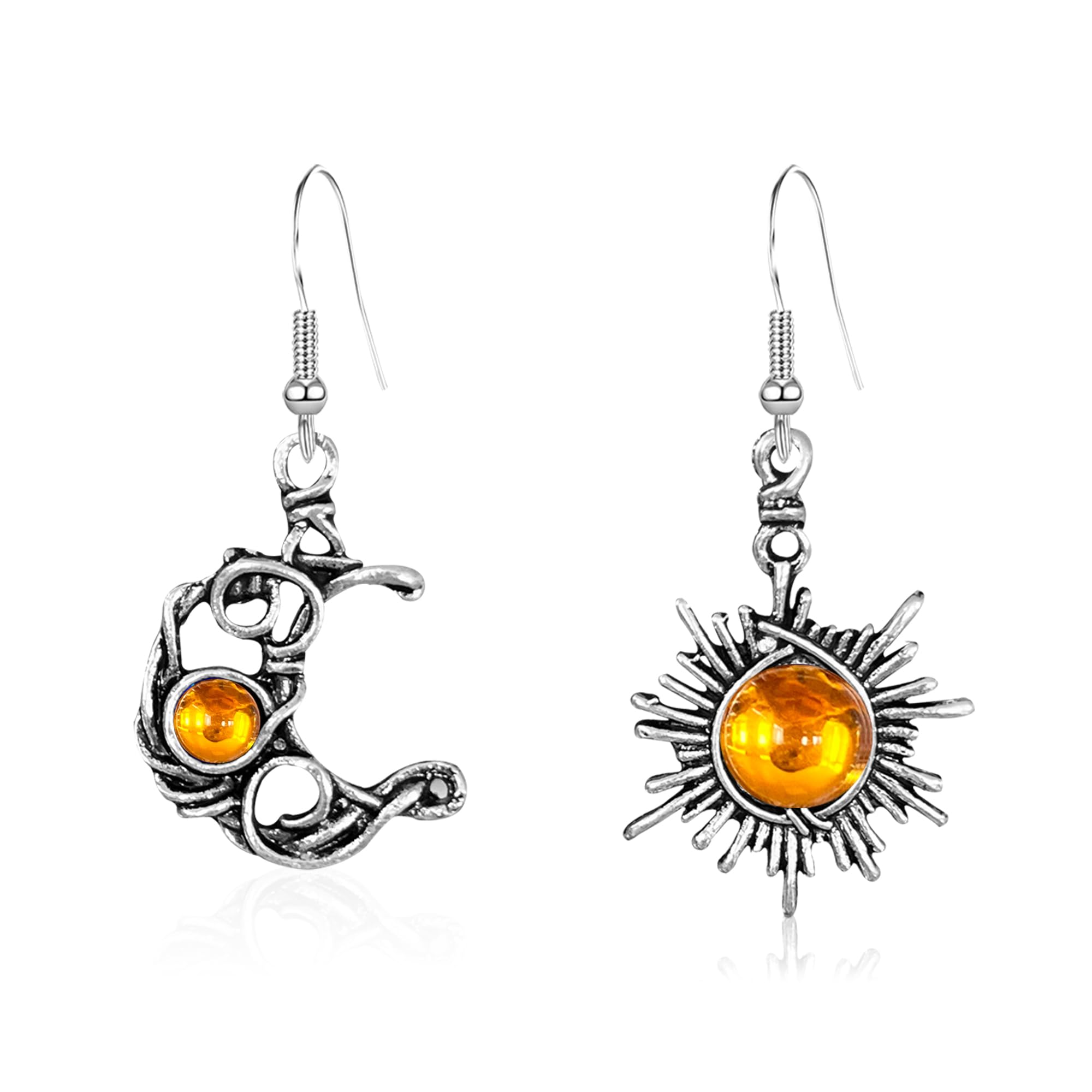 VavhooBoho Opal Sun and Moon Drop Dangle Earrings Moonstone Natural Stone Hook Bohemian for Women Girls Asymmetrical Antiqued Silver Celestial Jewelry