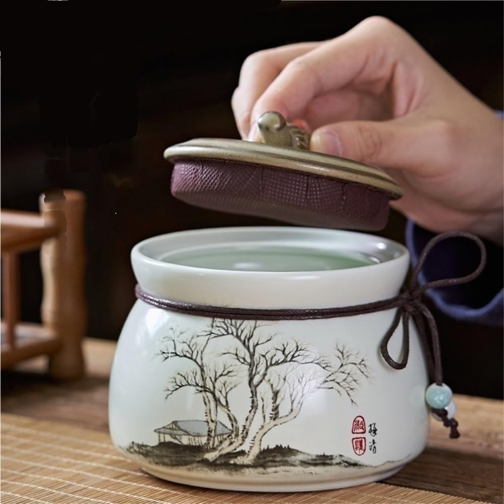 Tarros de Té Recipiente for almacenar té suelto pintado a mano vintage, tarro de cerámica sellado, juego de té chino, caja de regalo con tarro doble Recipientes para Guardar Té con Tapas