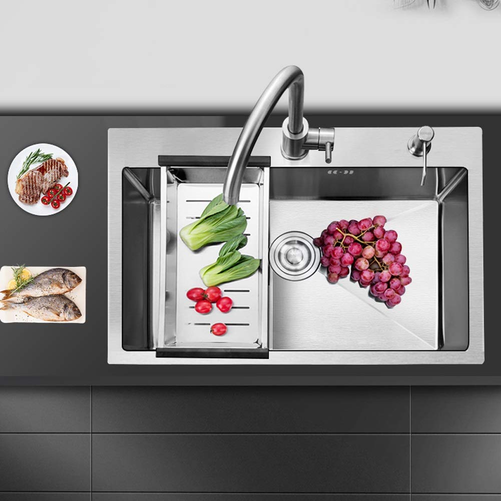 Juego de grifos extraíbles para Fregadero de Cocina de Acero Inoxidable con tazón Cuadrado con escurridor de Platos y Kit Completo de plomería Escurridor de desechos Instalación empotrada de