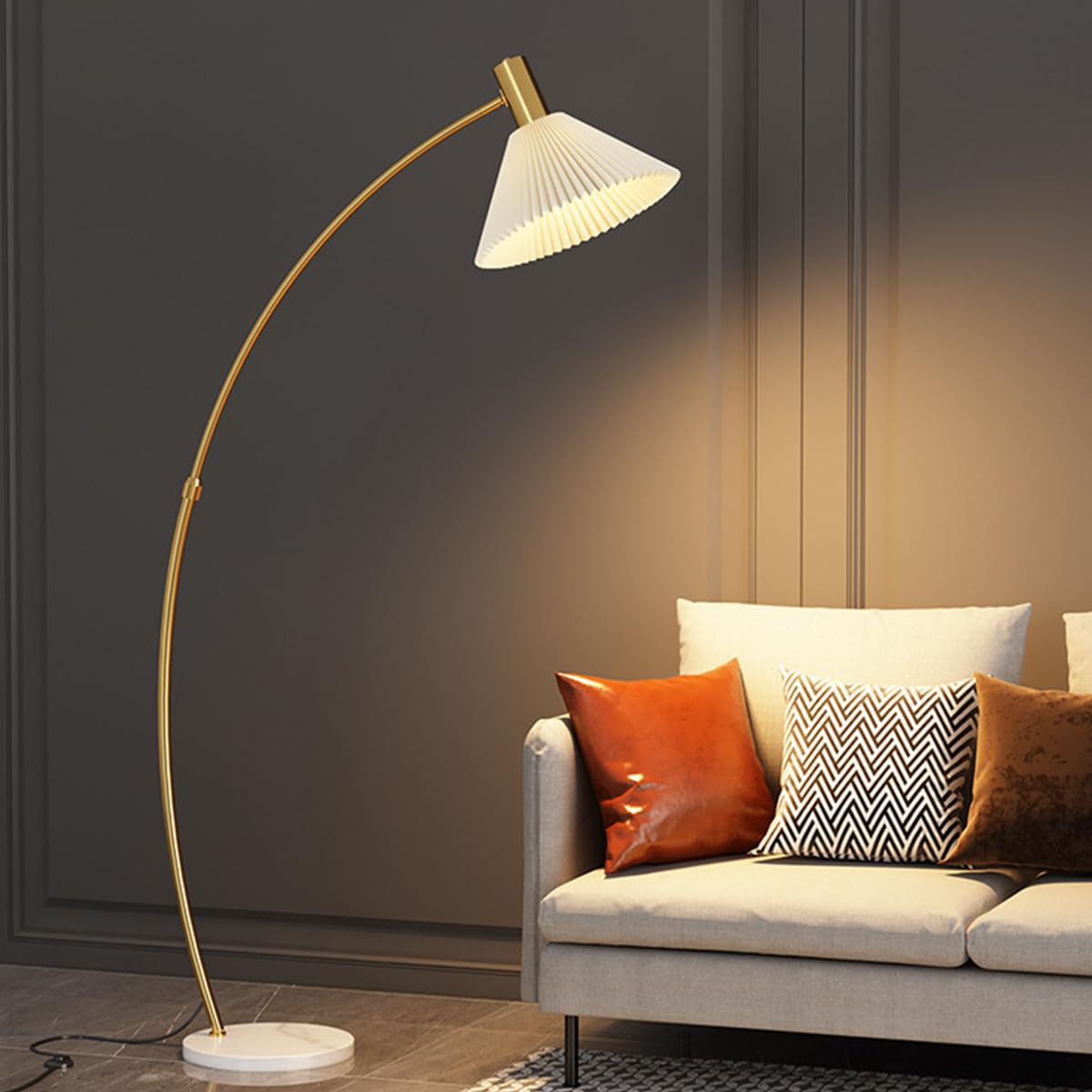 HGJHJJHK Arc Floor Lamp Marble Base Standing Lamp Modern Living Room DecorationTall Floor Lamp Black Tall Pole Lamp with Pleated Lampshade Over Couch Arched Floor Light for Reading Bedroom