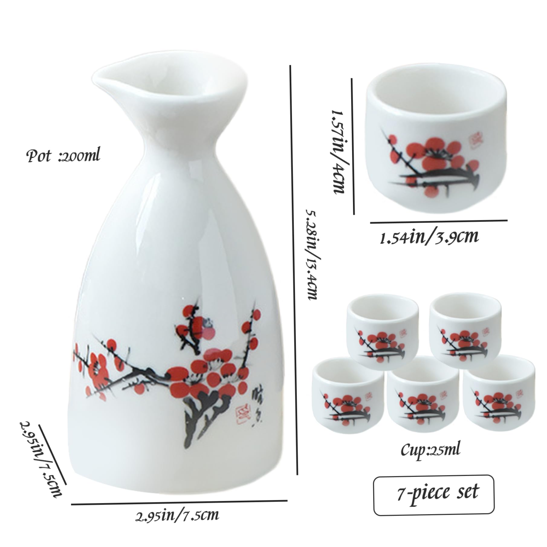 Set di sake giapponesi, set di sake ceramici resistenti al calore comprende 1 bottiglia tokkuri e 6 tazze Ochoko, Coppa Saki Flower facile da pulire per i viaggi per ufficio, stile 2