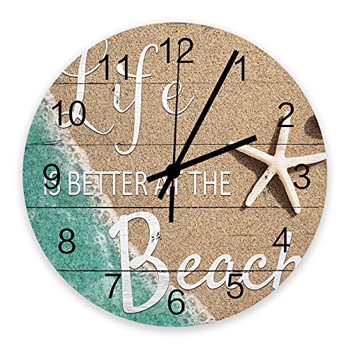 Roses Garden Beach Wall Clock, Silent Non-Ticking, 12 Inch, Battery Operated, Quartz Wooden Round Wall Clocks Decorative for Living Room/Kitchen/Office