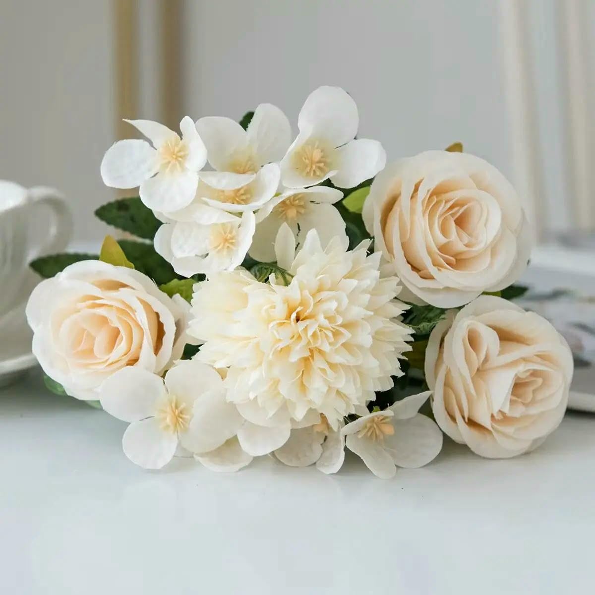 Ayhtud White Artificial Flowers Retro Silk Rose Bouquet Hydrangea Peony Vintage Bride Holding Fake Plants Home Wedding Decoration Accessories