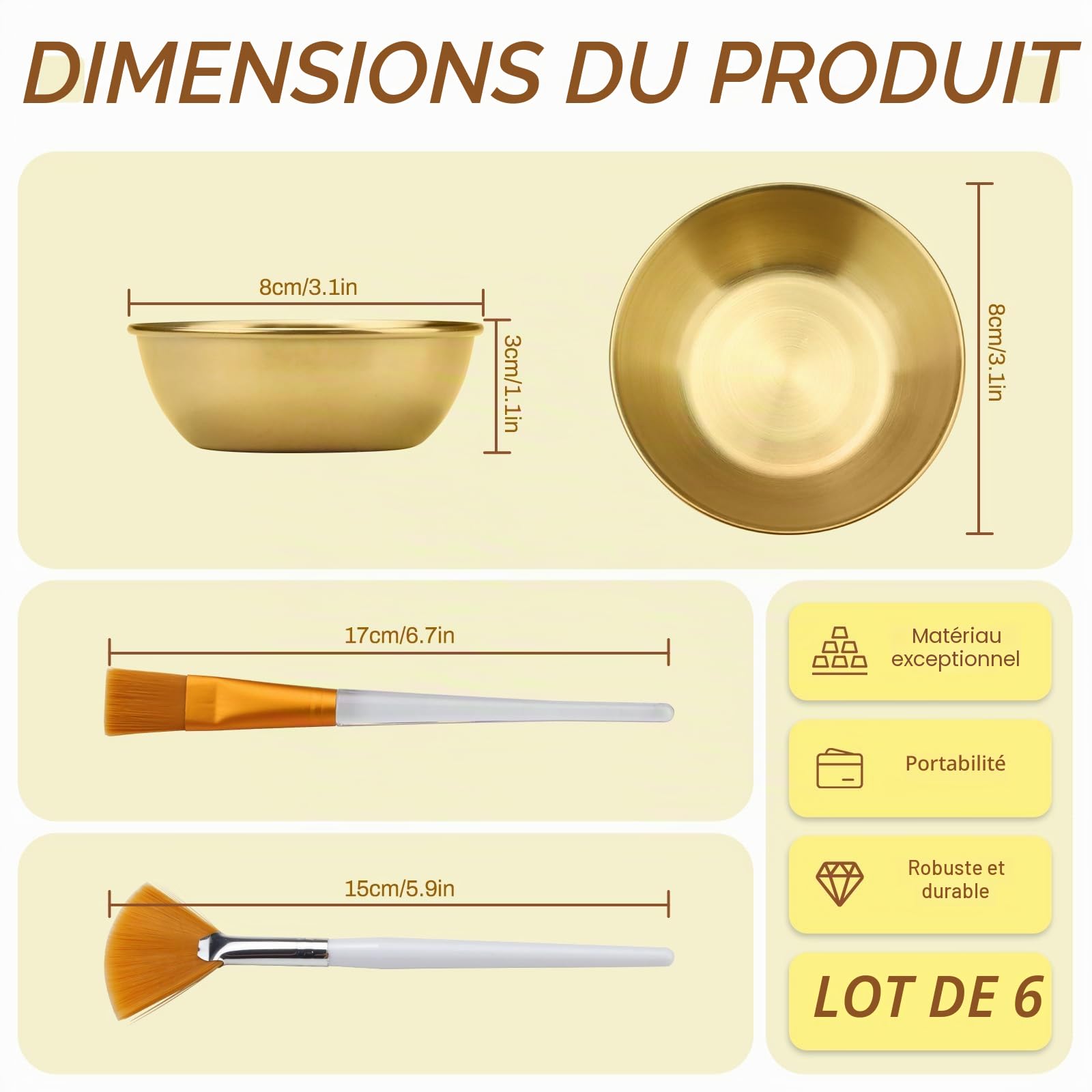 Lot de 18 bols et brosses en acier inoxydable, 12 pinceaux plats et éventails pour soins de la peau pour le visage avec 6 bols mélangeurs, outil applicateur cosmétique pour le visage, fournitures