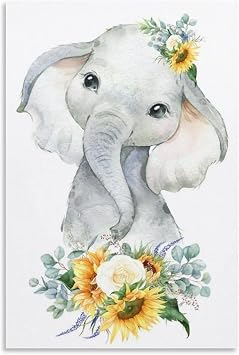 LohxA Elephant Wall Art Printable Baby Elephant Nursery Print Elephant Sunflower Nursery Decor Animal Nurs Poster for Room Aesthetics Canvas Wall Art Poster And Print 20x30inch50x75cm