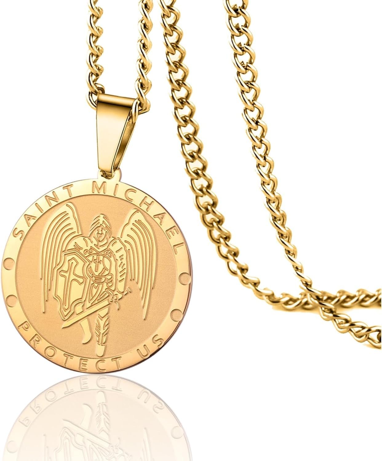 LGBBTI Protection Pendant Amulet Necklace Saint Michael Archangel Medallion Medal Jewelry Patron Miracle Coin Charm Engraved Gifts for Men Women, Gold Saint Michael Necklace