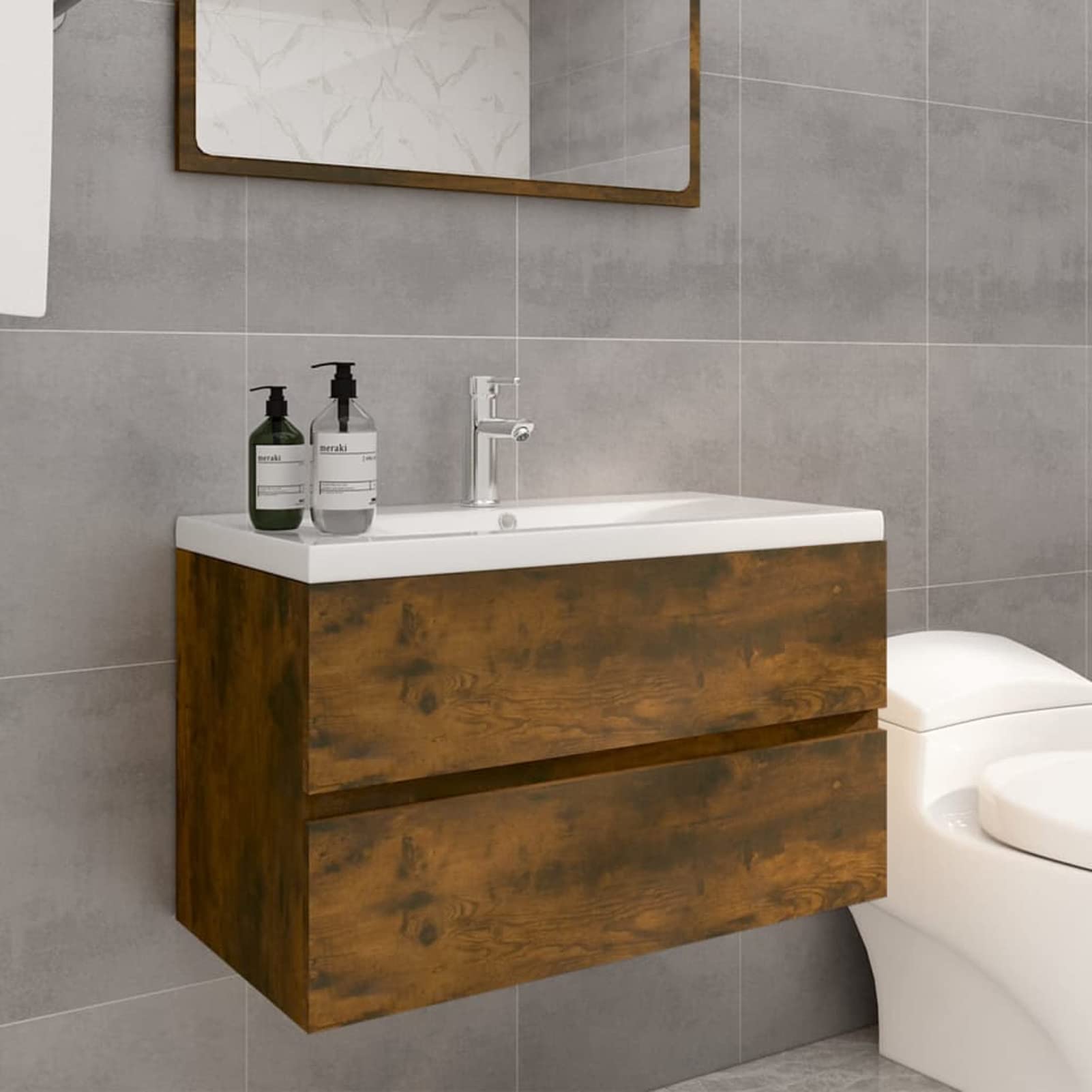 Mobile Bagno Con Lavabo Integrato IKAYAA - Armadietto Sospeso Legno Antico 61x39.5x49cm