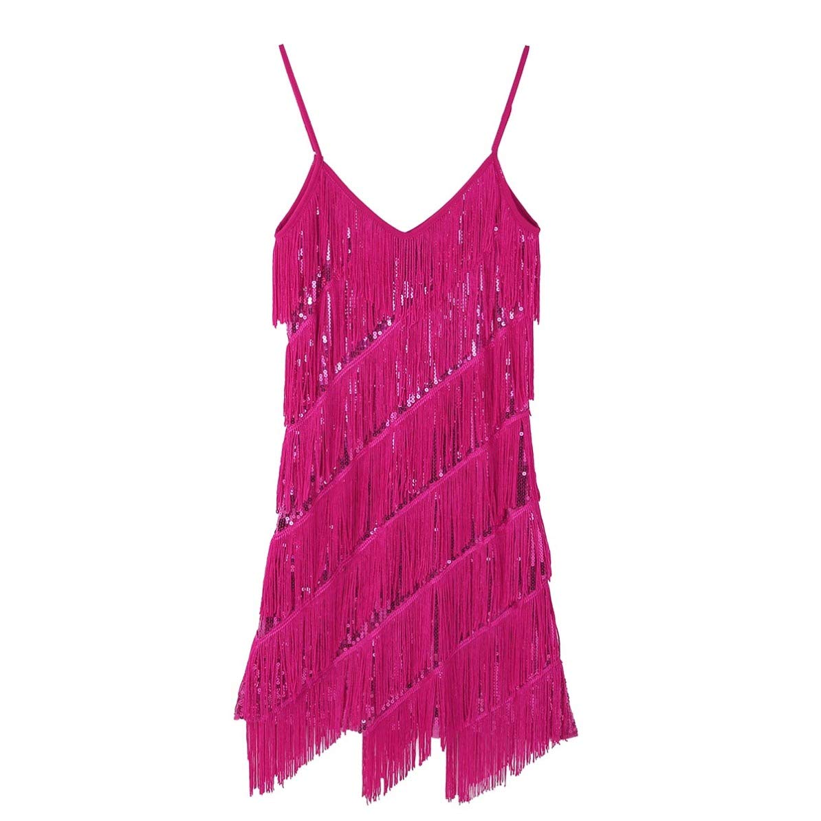 Freebily Vestido de Baile Latino para Mujer Vestido Clásica Tango con Lentejuelas Brillante y Flecos Vestido Baile Sexy Fiesta Carnaval Mujer