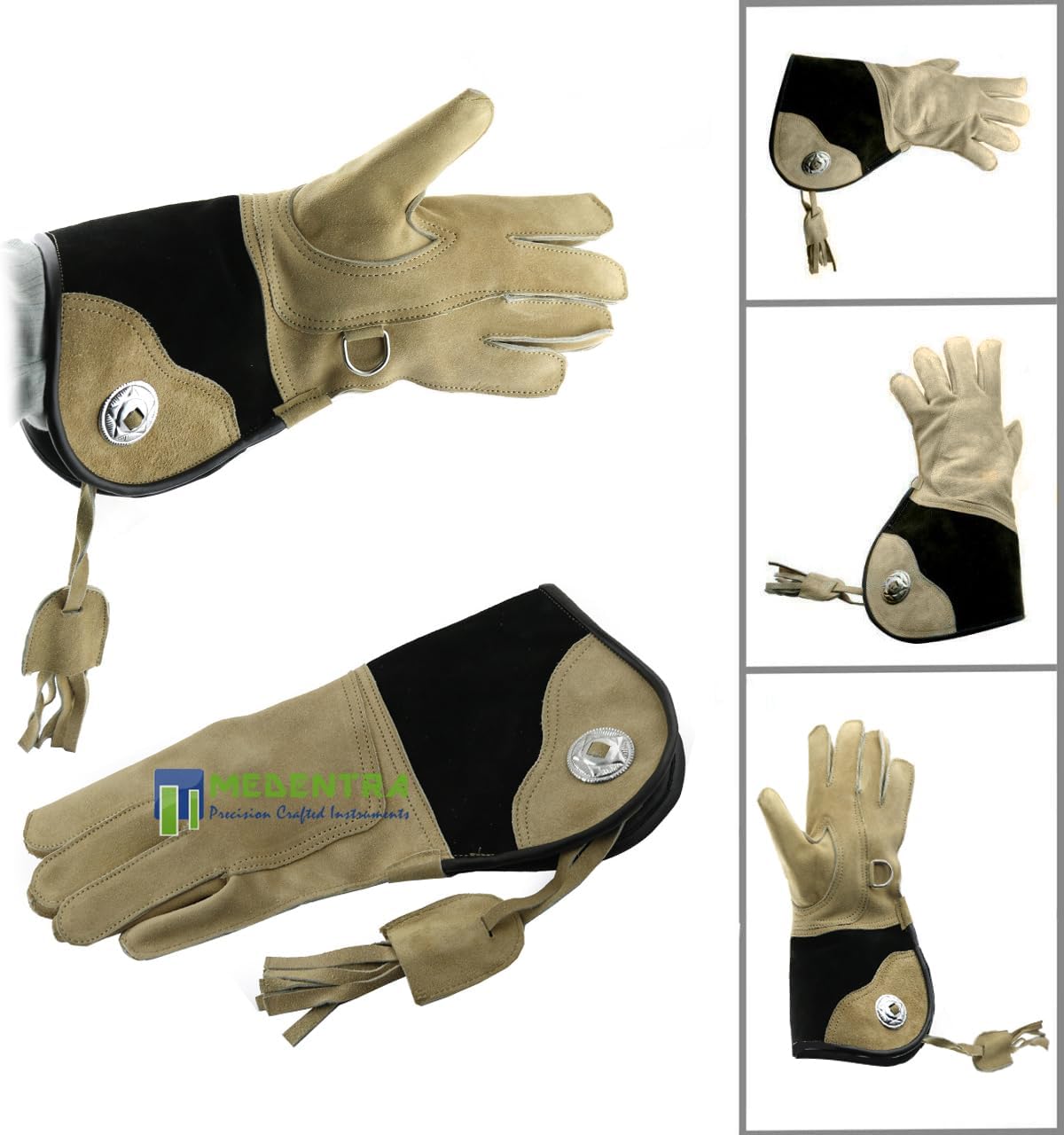 Falconry Glove Tan & Black Suede Leather Bird of Prey Handling Gloves with D-Ring & Tassel for Hawk, Falcon, Owl, Eagle Training & Protection