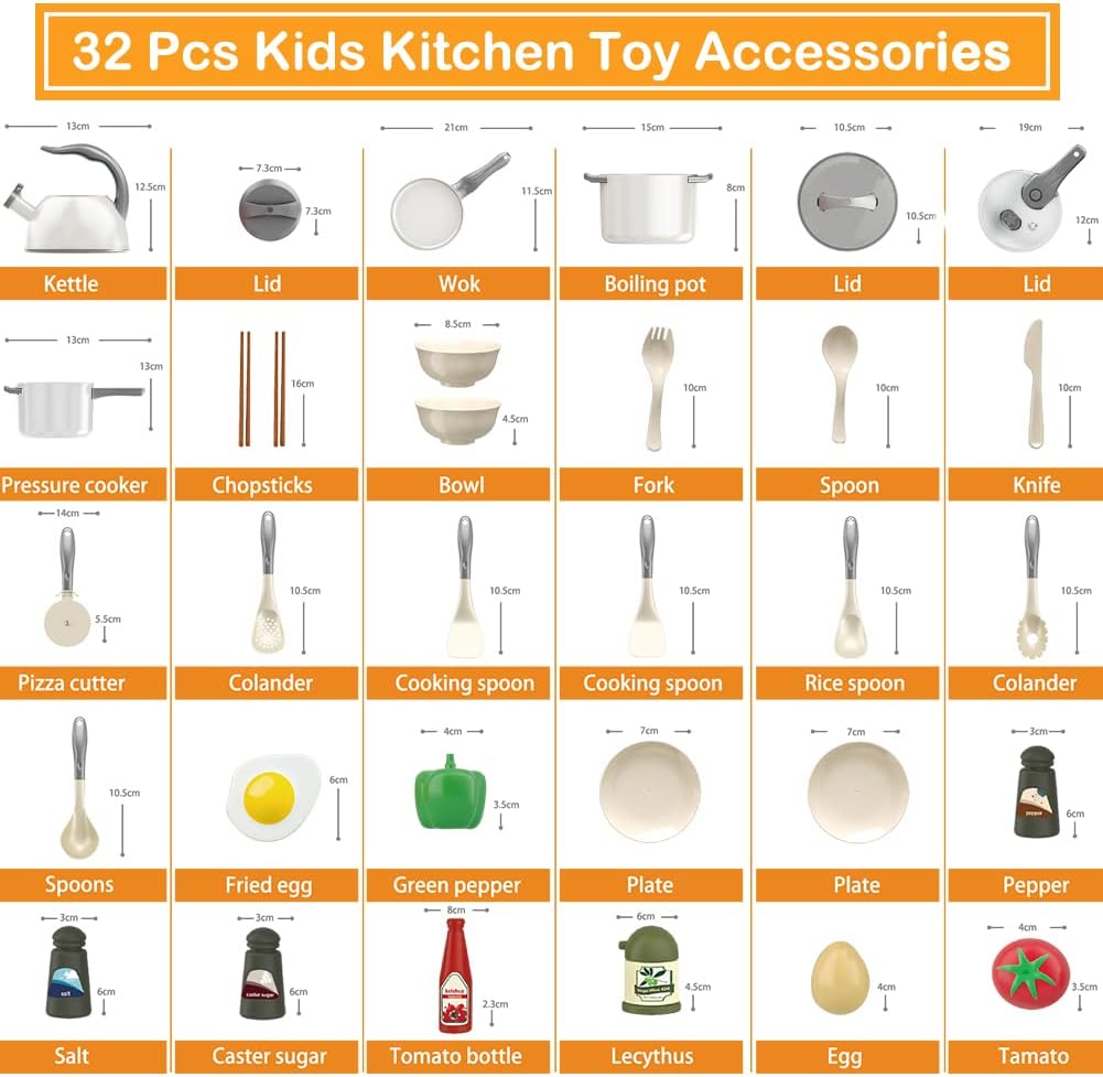 Bruvoalon 32Pcs Kids Play Kitchen Toys Set, Toddlers Pretend Cooking Playset Acccessories with Pots Pans, Utensils Cookware, Foods, Canned Veges, Learning Gift for Kids Girls Boys (White) - Image 3