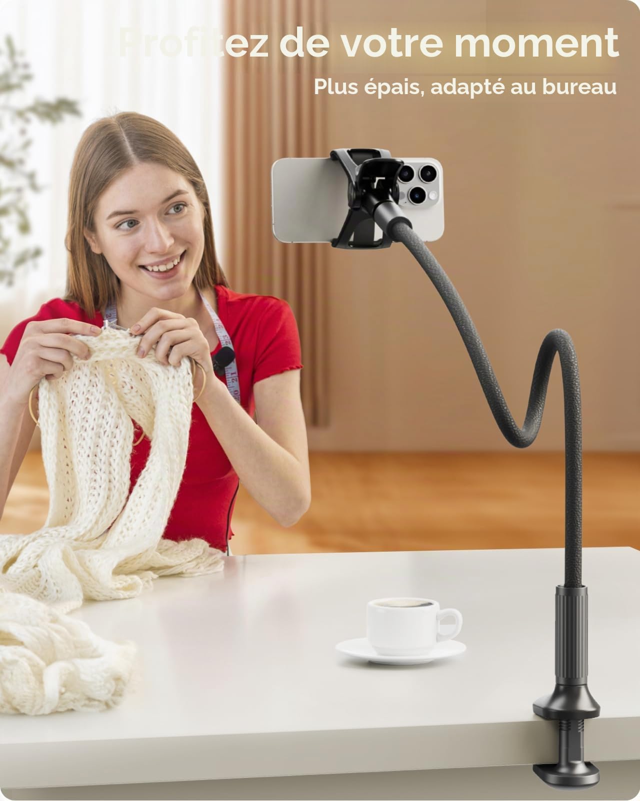 SAIJI Support téléphone avec col de Cygne de, 95cm Support téléphone de Chevet Étui en Cuir amélioré Stable et Durable, Rotation 360° Réglable pour iPhone, Huawei, Switch, Samsung (Noir)