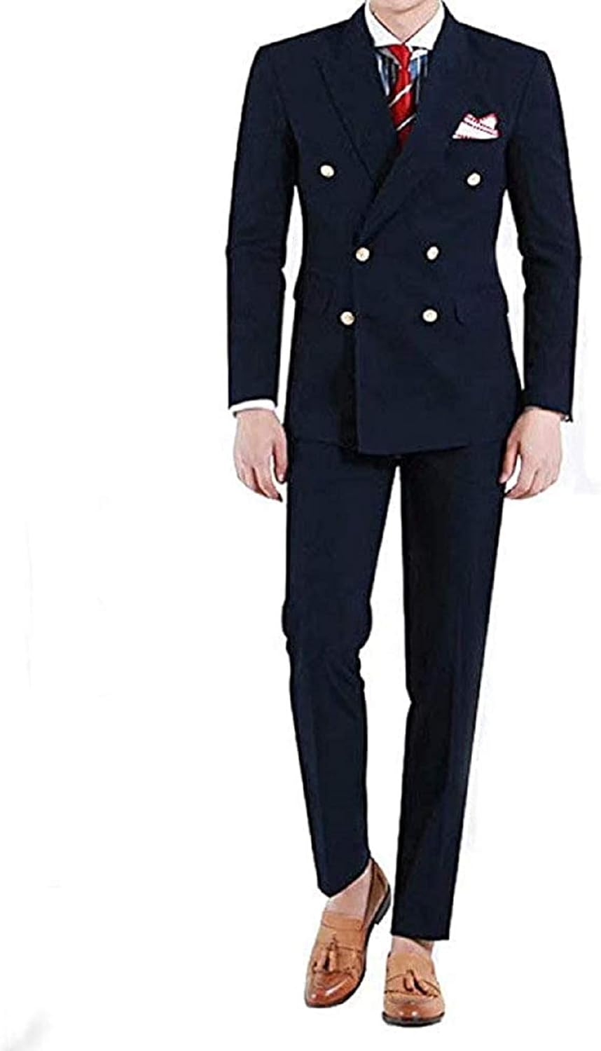 Men's 2 Piece Suits Double Breasted Slim Fit Formal Wedding Prom Tuxedo(Navy Blue,3XL)