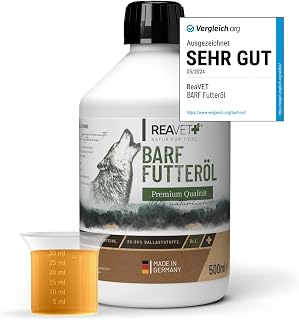 TESTURTEIL SEHR GUT 05/24 ReaVET Profi Futteröl 500ml Hunde, 1.Kaltpressung - Barföl, Futteröl kaltgepresst Hund, hochwertige & perfekte Mischung, Barf Zusatz für Hunde I natürlich & artgerecht