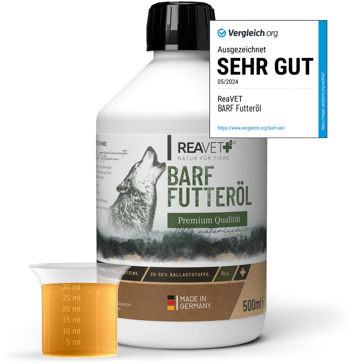 Revet, olio per mangimi professionale 05/24, 500 ml, per cani, 1. spremitura a freddo, olio per barf, olio per mangimi per cani, miscela di alta qualità e perfetta, additivo per cani, naturale e