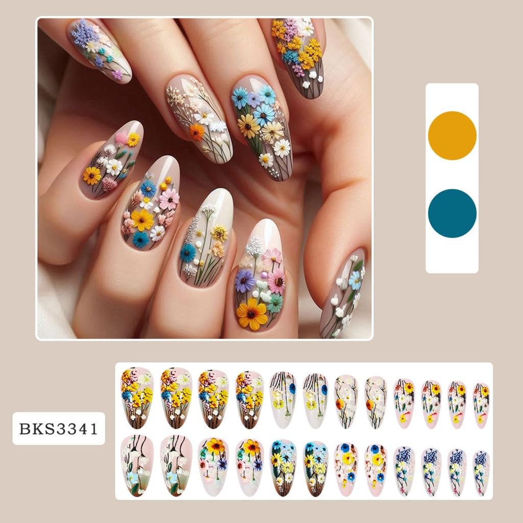 24Pcs Almond Flower French Fake Nails Acrylic False Nails,Artificial Nails Glues on Nails for Womens