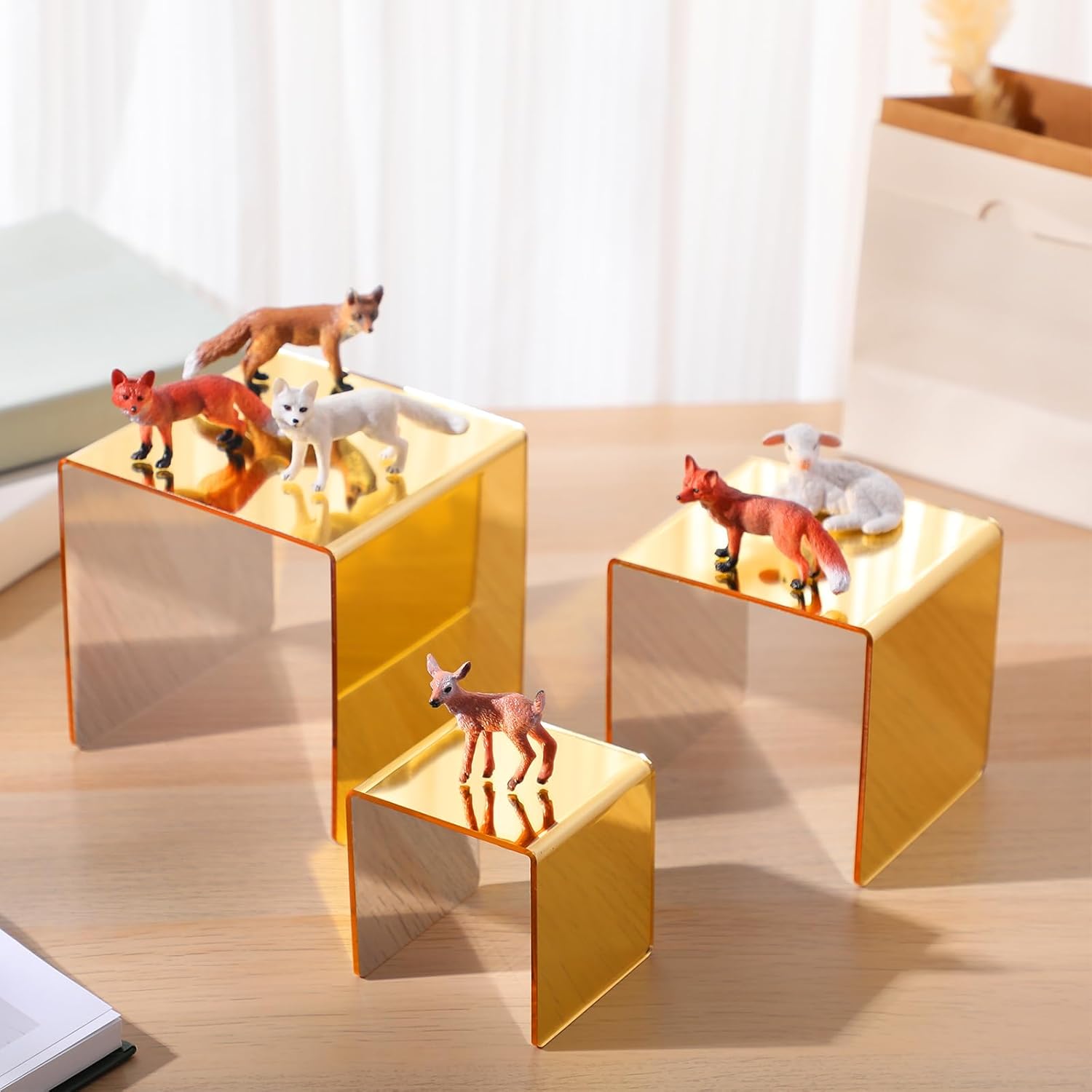 Chuangdi 2 Sets Acrylic Display Risers, Product Stand, Jewelry Display Riser Shelf Showcase Fixtures for Dessert Cupcake Candy Figure Treat Action Showcase (Gold,Medium Set) - Image 7