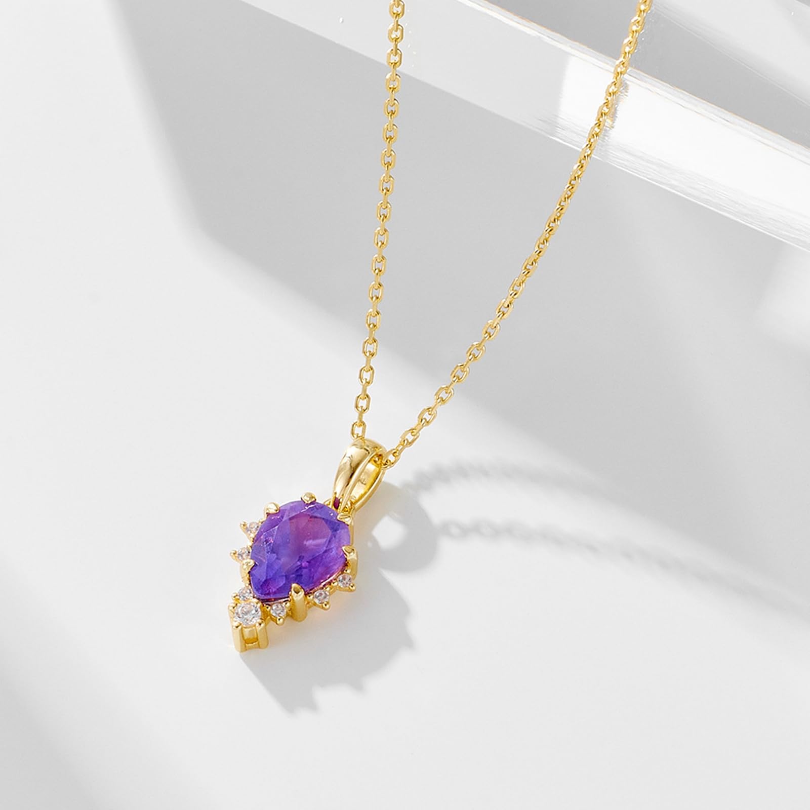 Collana Donna, Donna Oro Giallo Collana da Donna con Pendente a Goccia 6x8mm in Ametista e Moissanite, Lunghezza 40+5cm