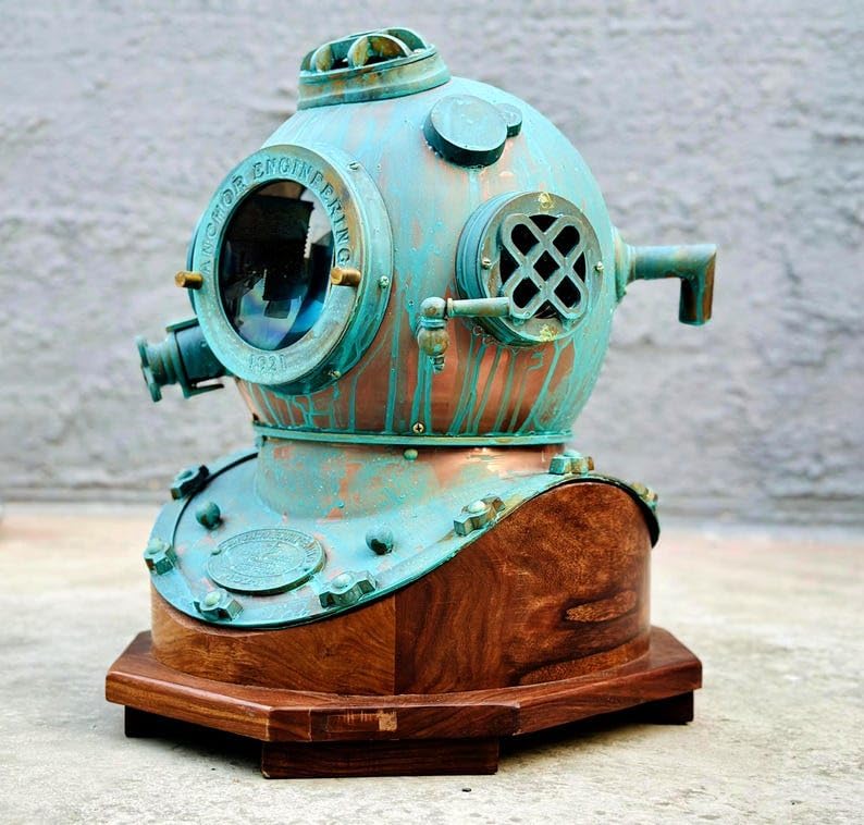 Scuba Diving Helmet with Wooden Base | 1921 Anchor Engineering Deep Sea Nautical Helmet | Nautical Lover Gift