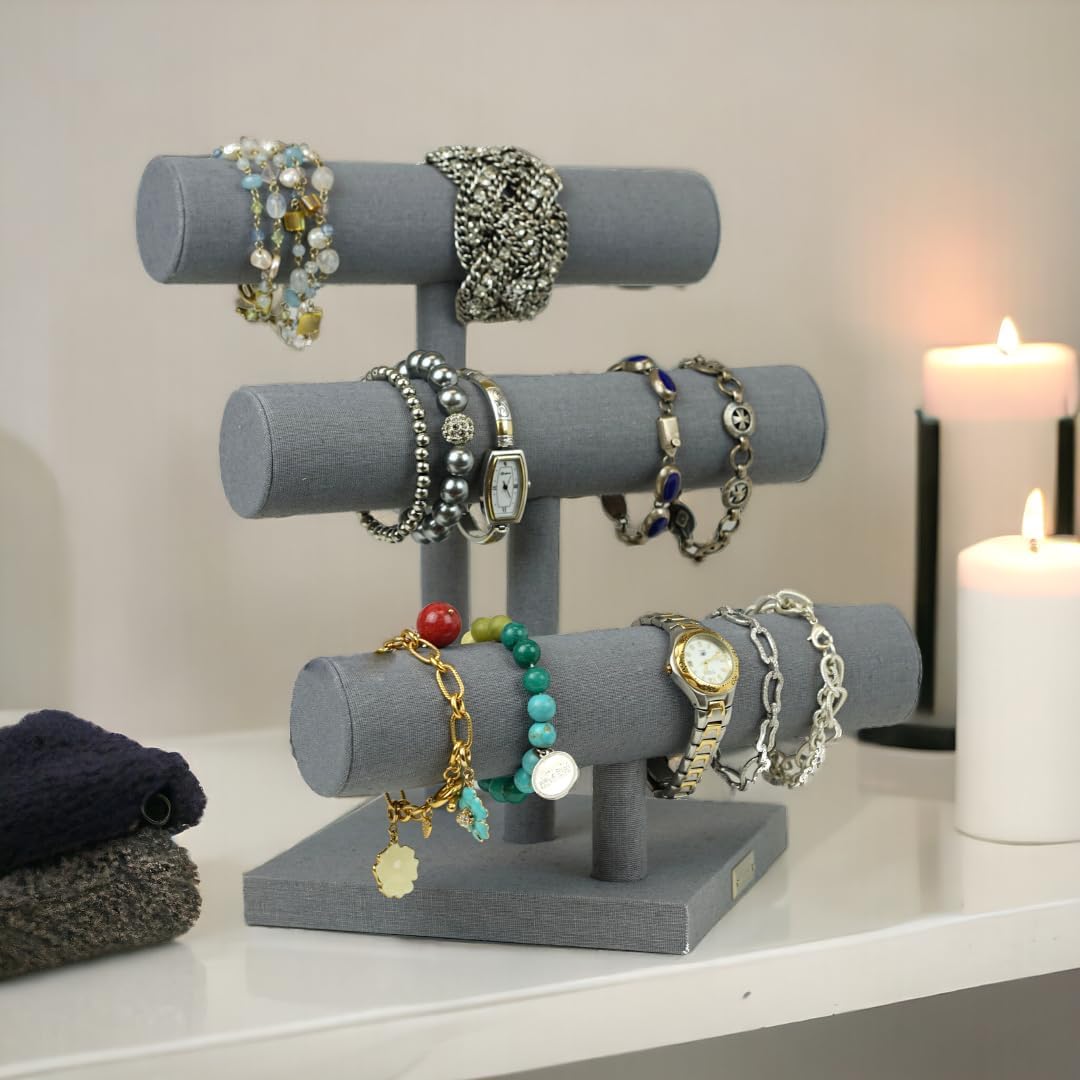 Hives and Honey 3-Tier Bar Jewelry Display, Grey Linen – Elegant Organizer, Bangles, and Watches – Boutique Style Holder for Home or Retail Use Bracelet Stand, 12" H x 10" W x 10" D