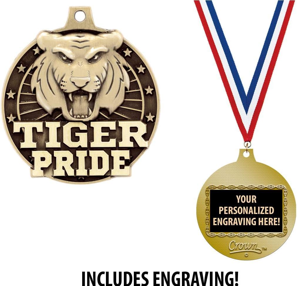 Tiger Pride Medals, 2" Gold Tiger Pride Mascot Medal Award with Free Custom Engraving