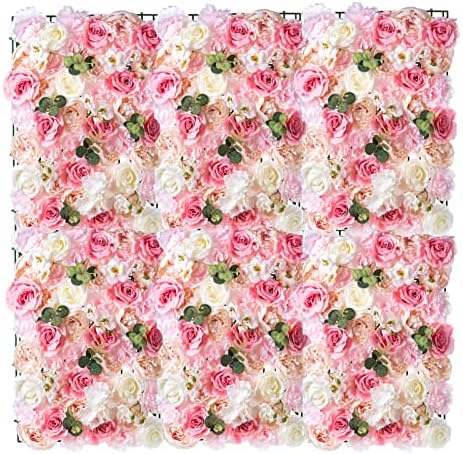 NUPTIO 12 Pcs Flower Wall Panel 60cm X 40cm White & Pink Faux Roses Artificial Flower Floral Backdrop, Flower Wall Backdrop for Party Wedding Bridal Shower Baby Shower Christmas Home Decoration
