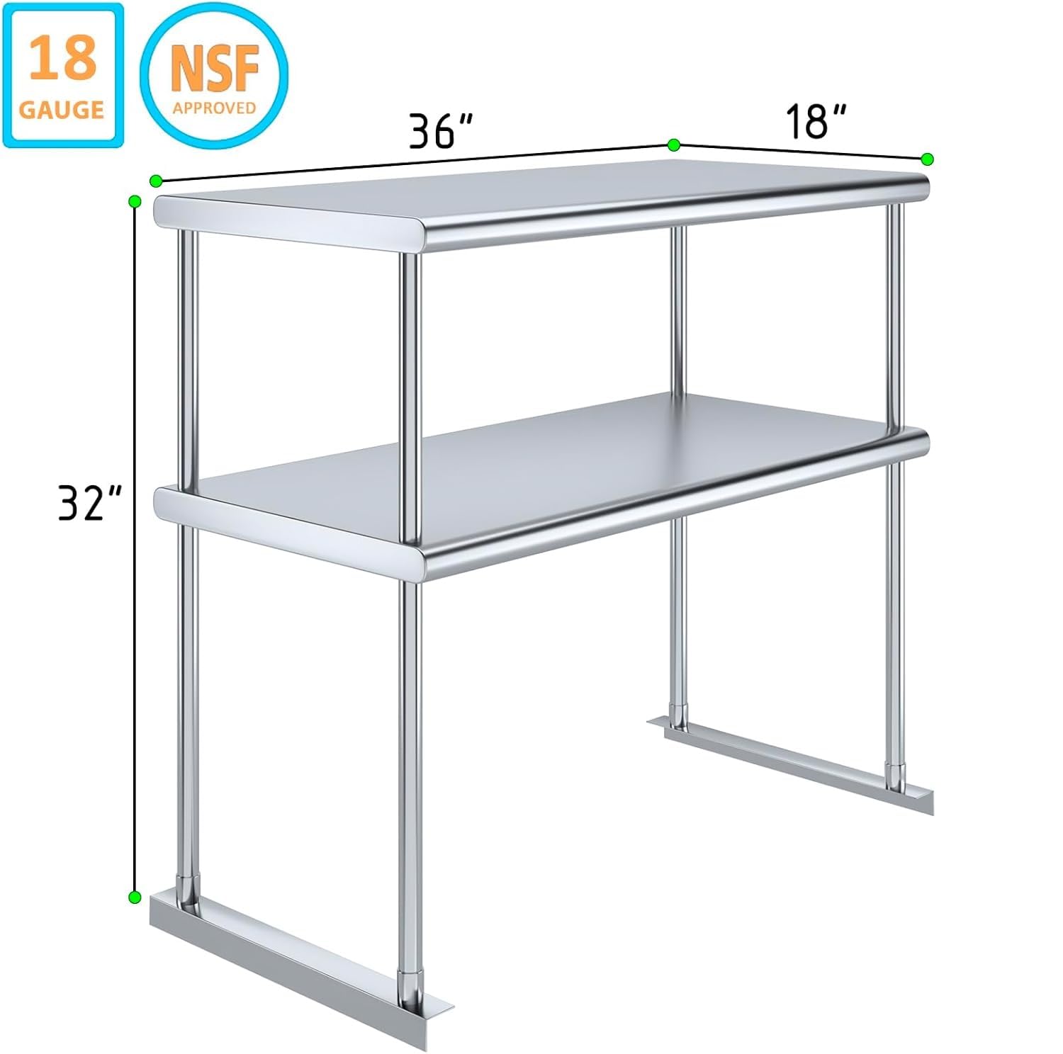 KPS Stainless Steel Double Overshelf – 18" x 36" NSF Certified 2-Tier Adjustable Overshelf for Commercial Kitchen or Food Truck