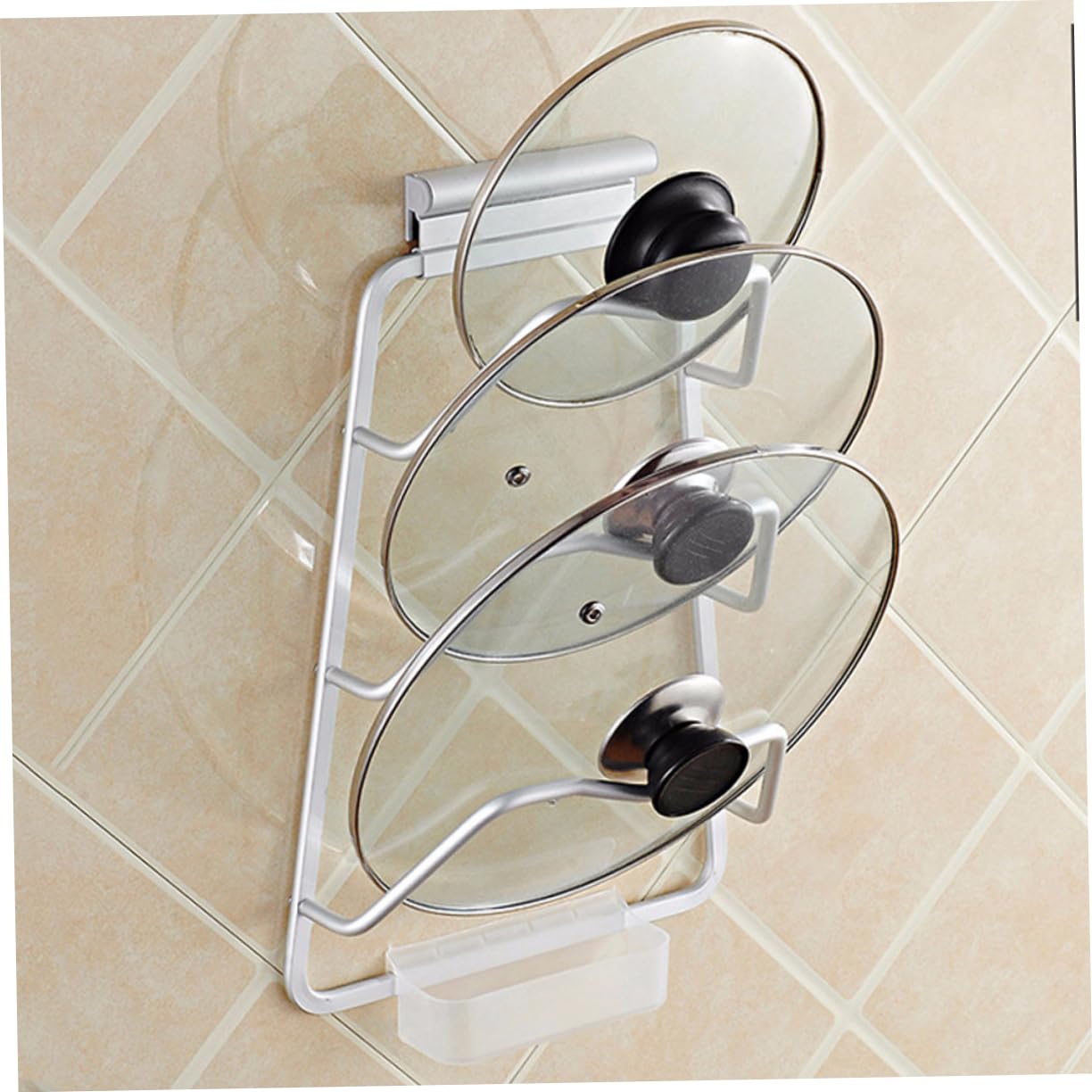 Cabilock Wall Mounted Pot Lid Rack with Water Tray Multifunctional Storage Shelf for Lids Matte Finish Space Saving Organizer for Kitchen and Easy to Install