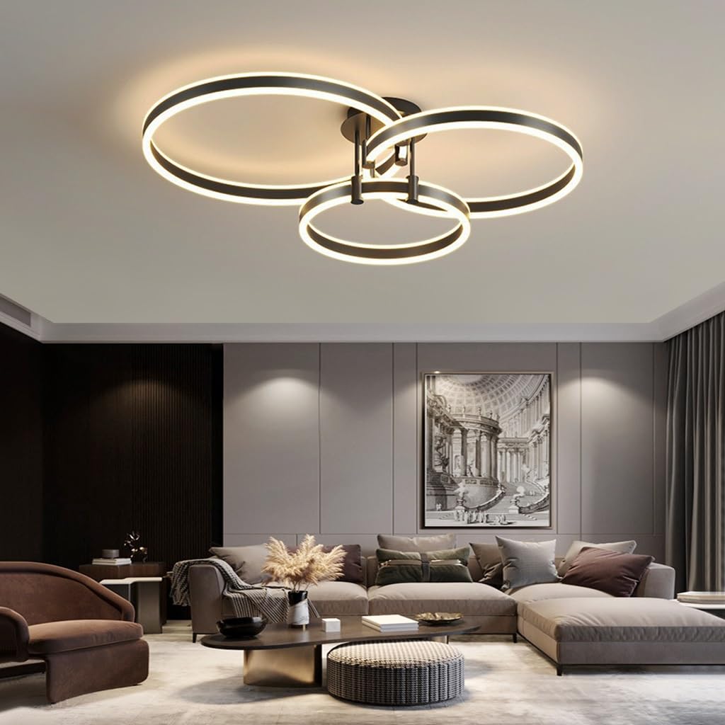 Moderne LED Deckenleuchte 117W dimmbare Deckenlampe mit Fernbedienung 3-Ring Einbau Deckenleuchten schwarzer Metall Kronleuchter Deckenlicht für Wohnzimmer Schlafzimmer Küche Beleuchtungskörpe