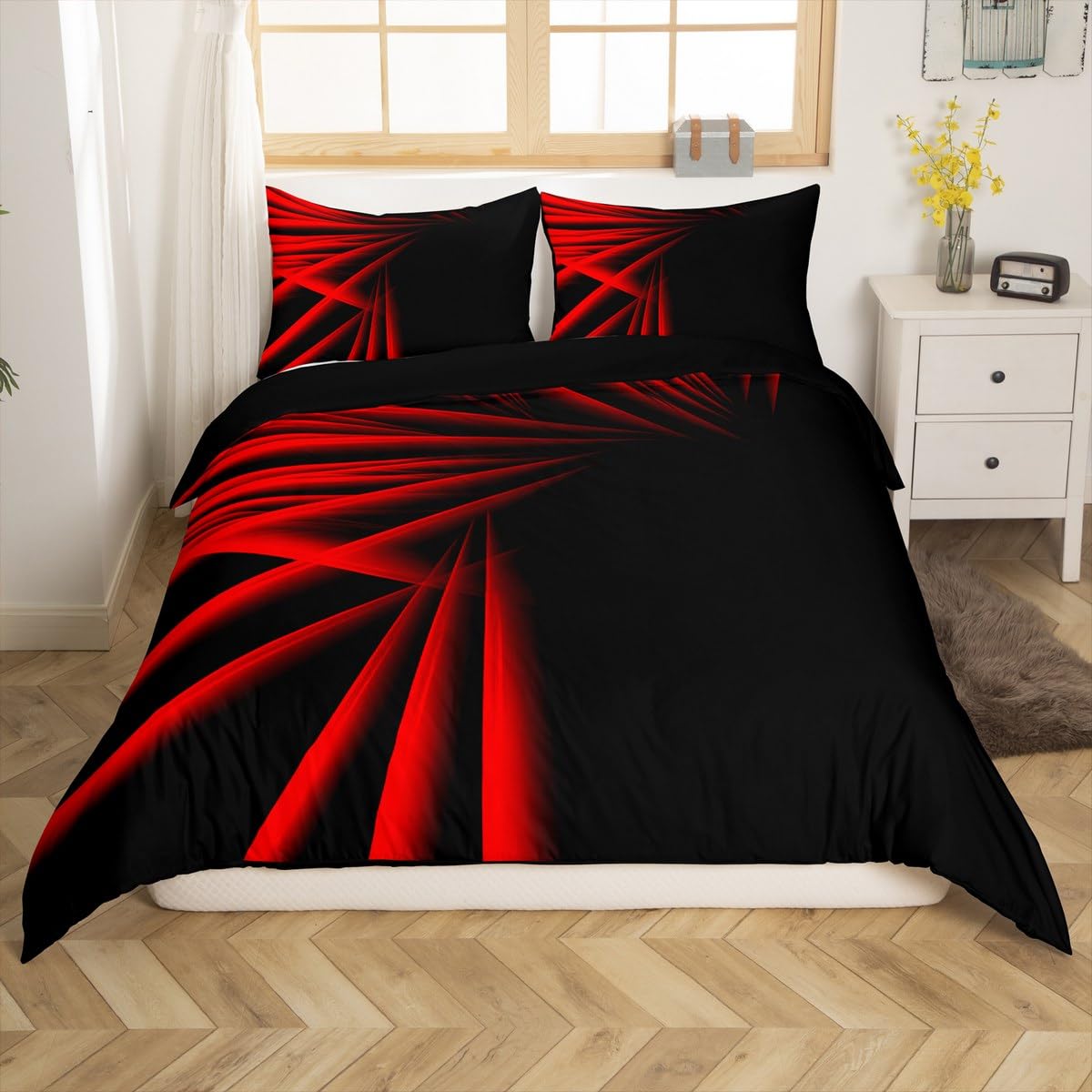 Homemissing Abstrakte Ombre Streifen Bettwäsche Set 135x200cm Rot und Schwarz Bettbezug für Jungen Männer Erwachsene Teenager Luxus Einfache Moderne Geometrische Kunst Betten Zimmer Dekor