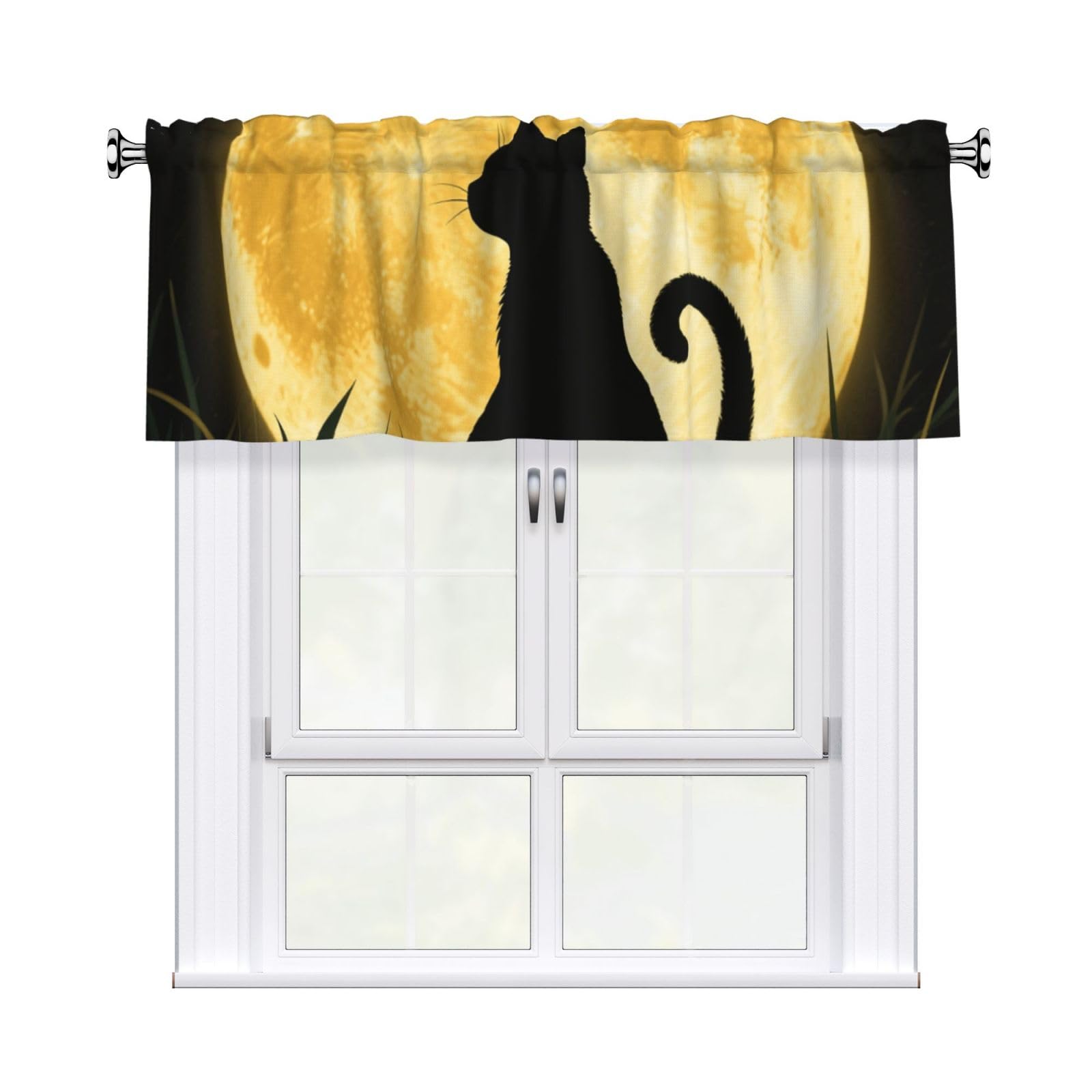 FekiLoot Full Moon Cat Sit in Grass Field Curtain Valance for Windows, Kitchen Window Valances Rod Pocket Window Treatments Short Curtains Drapes for Bathroom Bedroom Cafe Decor 54x18inch 1 Panel