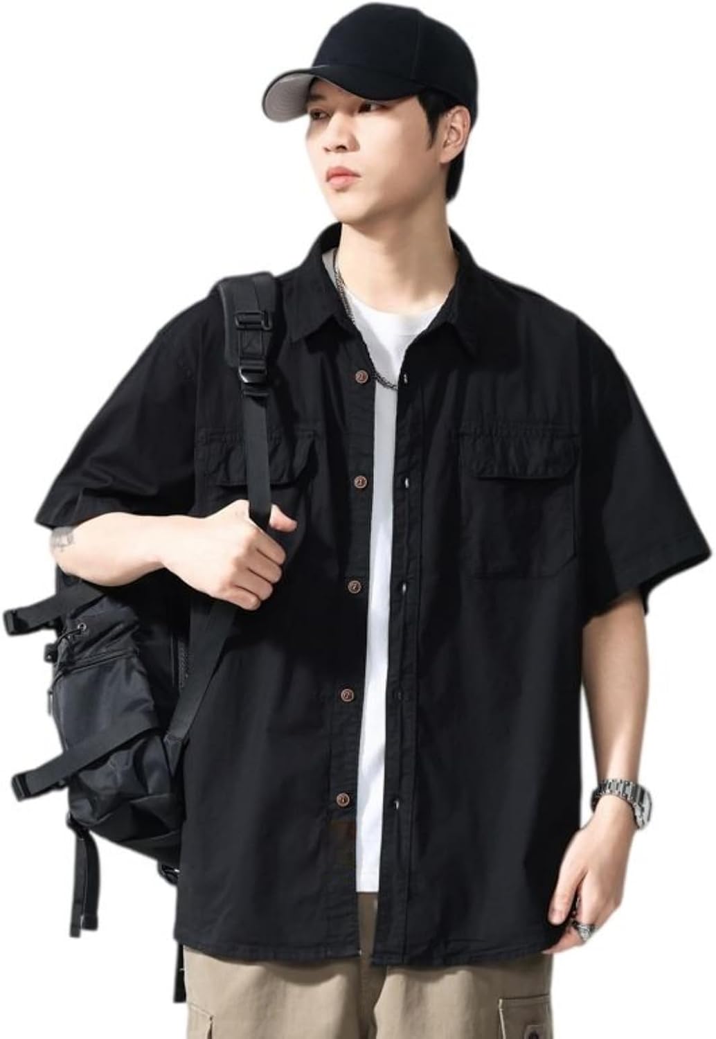 Men's Japanese Vintage Cotton Short Sleeve Work Shirt Button Down Multi Pocket Regular Fit