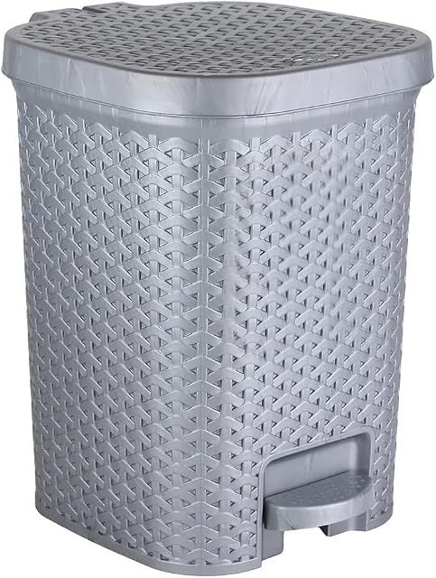 7 Litre Bottle Grey/Silver Rattan Style Square Plastic Foot Pedal Bins Household Rubbish Bin Bathroom Bins Pedal Waste Trash Bin Dustbin For Home Kitchen Office Bedroom (With Removable Inner Bucket)
