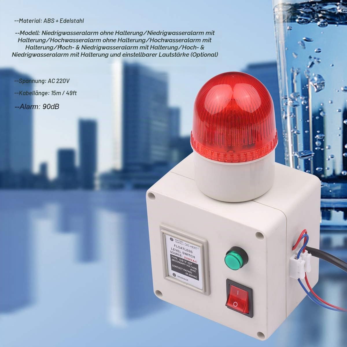 Wasserstandsanzeigealarm Wasserstandalarmsensor Wasserleitungsanzeigealarm Alarm für niedrigen und hohen Wasserstandsensor mit Lautstärkeregler des Schalldämpfers