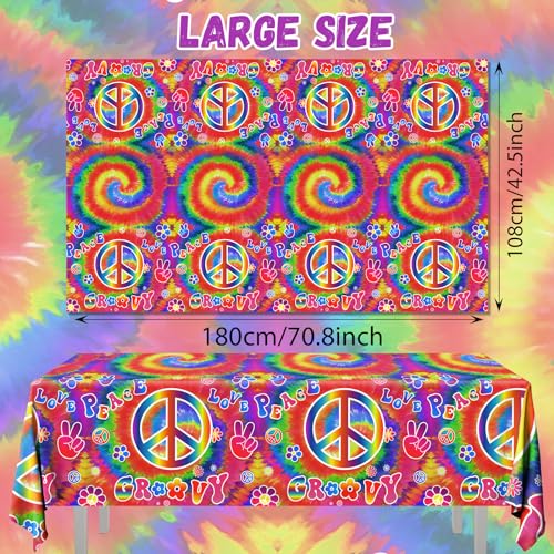 Image of Tie Dye Birthday Party Supplies, 60's Hippie Theme Tablecloth 3Pcs Groovy Hippie Table Cover Peace Love tie dye Table Cloths for Parties